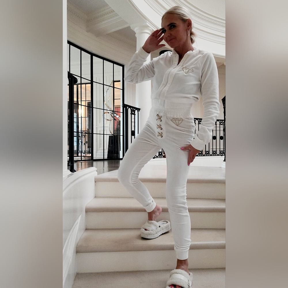 White Tracksuit with Gold Accents by POLISH FASHION DESIGNER JUST UNIQUE